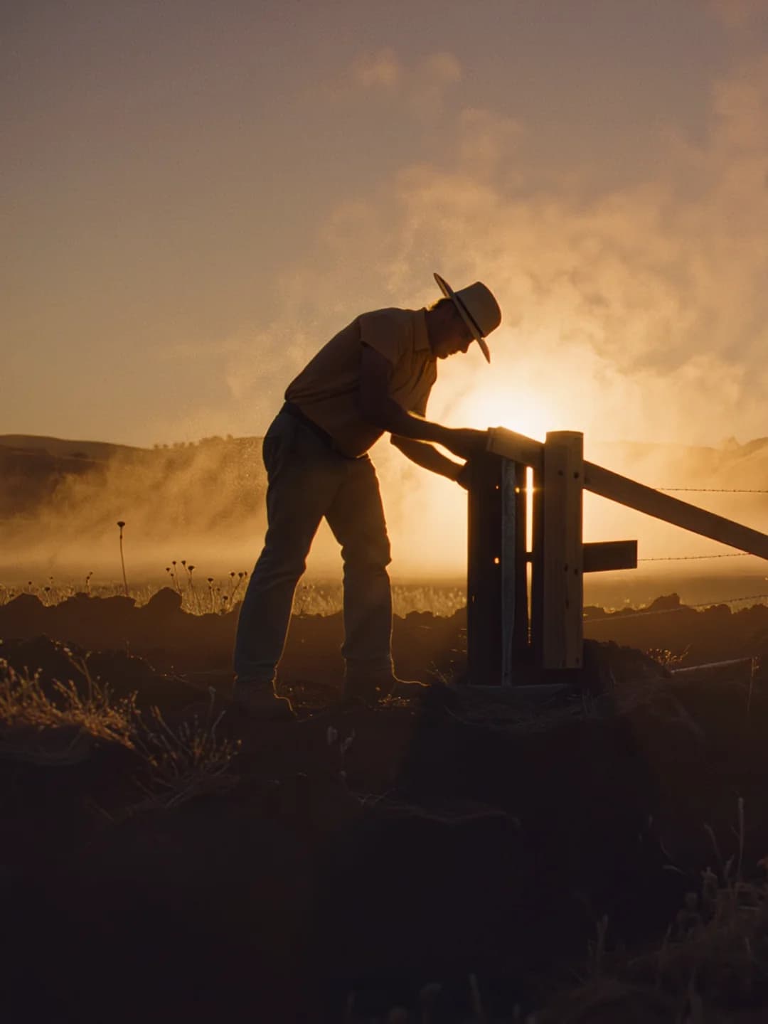 A worker setting a fence post at sunset, a long fence line receding into golden haze