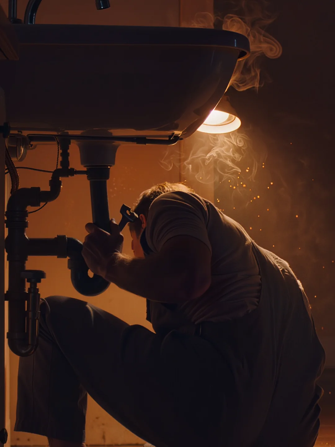 A plumber working under a kitchen sink at night, lit by a single warm work light